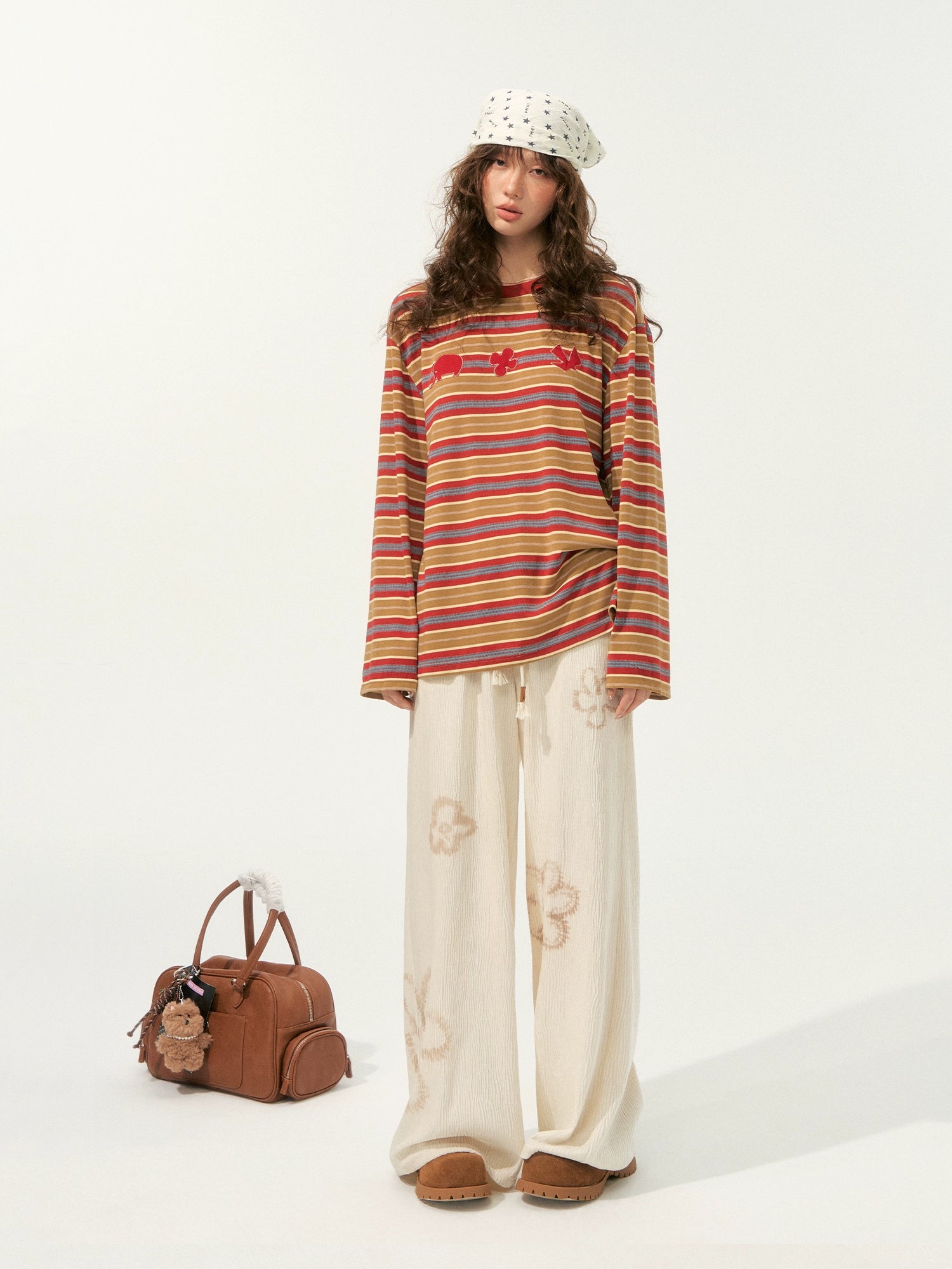 Color-Block Applique Embroidered Striped Long-Sleeve T-Shirt - CHINASQUAD