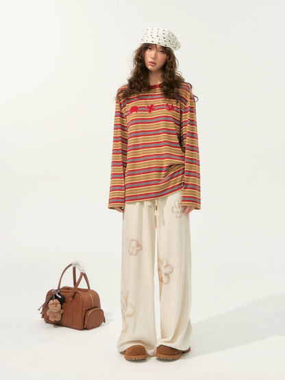 Color-Block Applique Embroidered Striped Long-Sleeve T-Shirt - CHINASQUAD