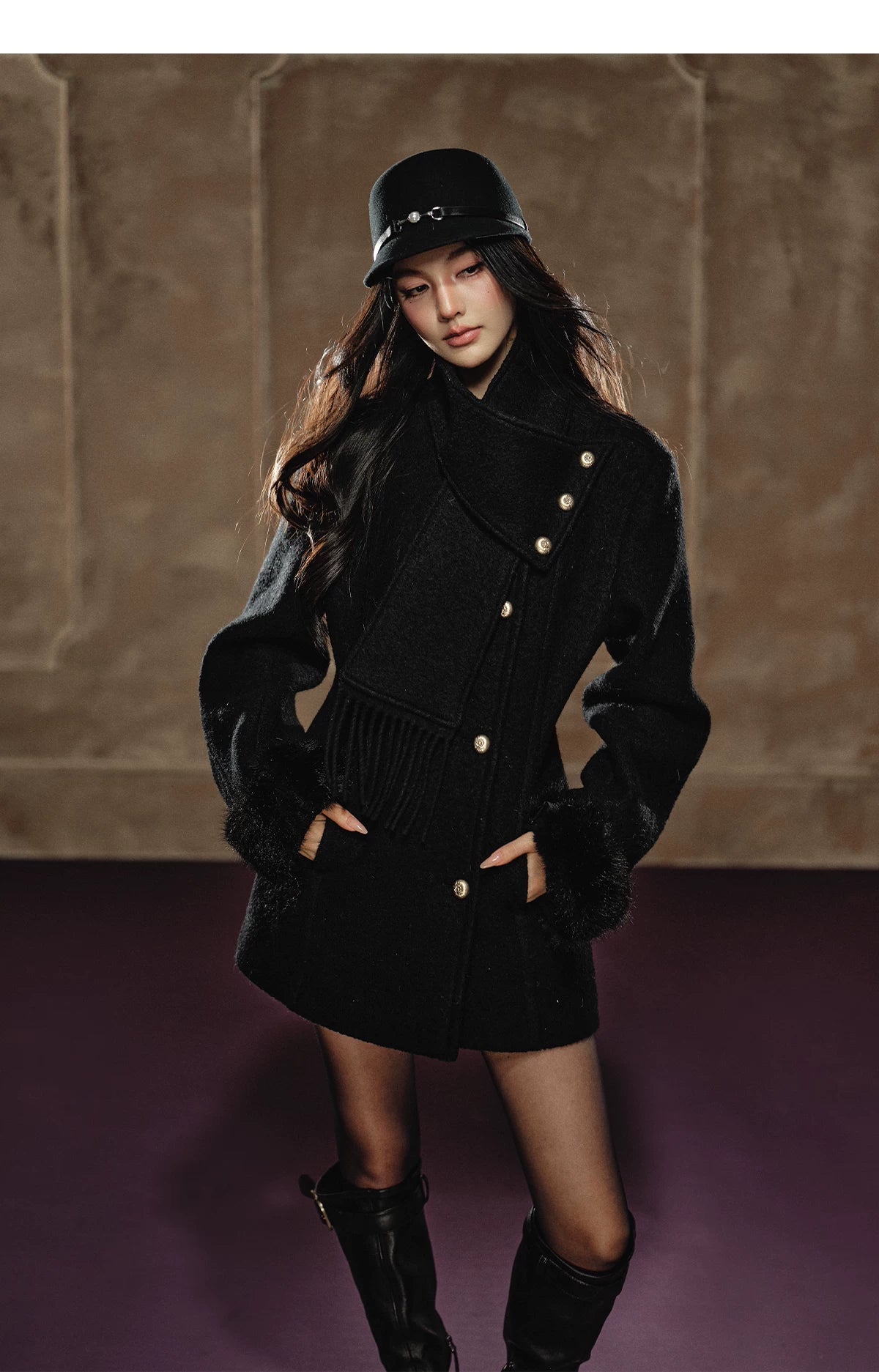 Detachable Fringe Scarf Hourglass-Waist Wool Coat