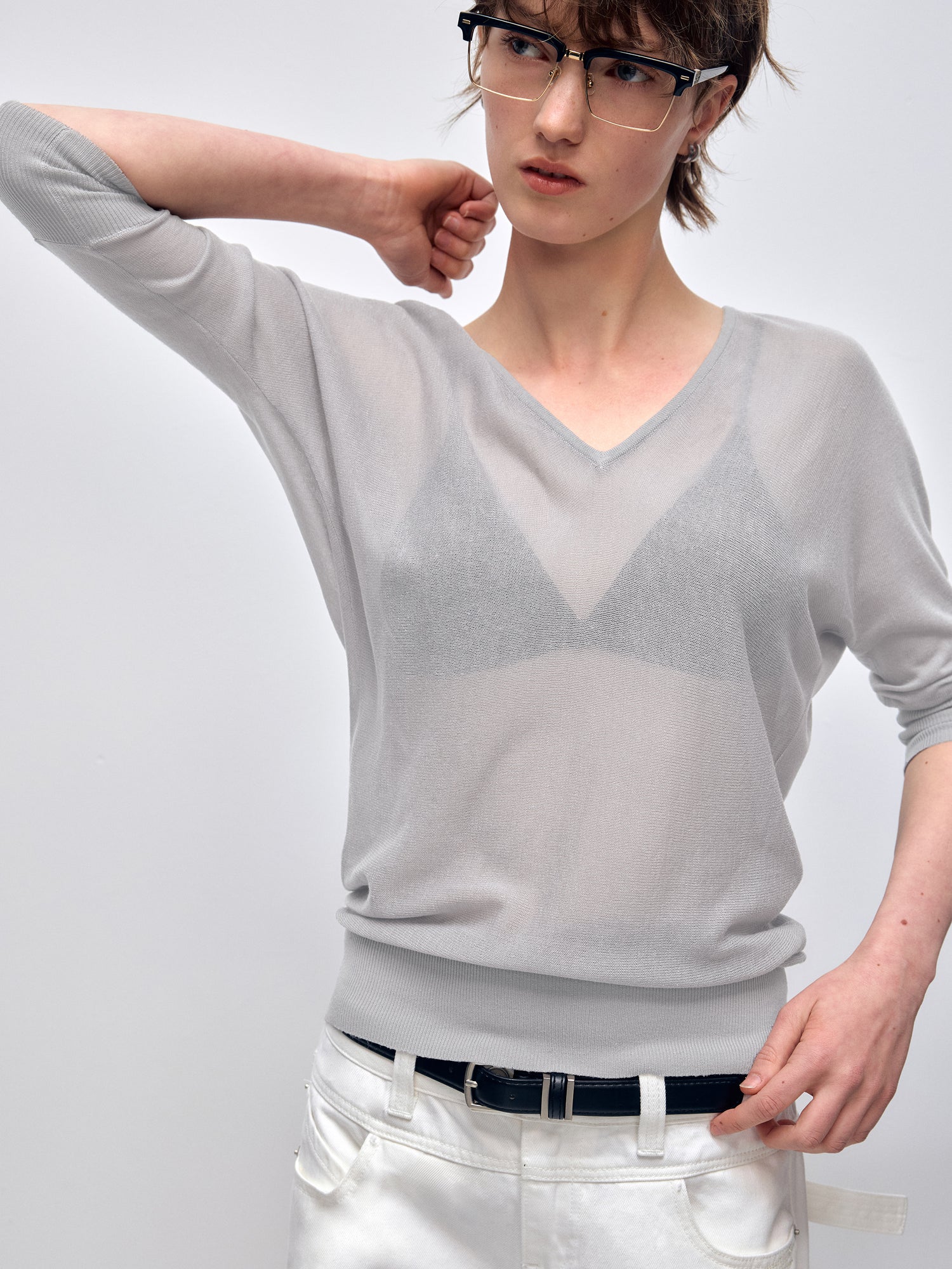 Gray Slightly Sheer V-Neck Long Sleeve Base Layer