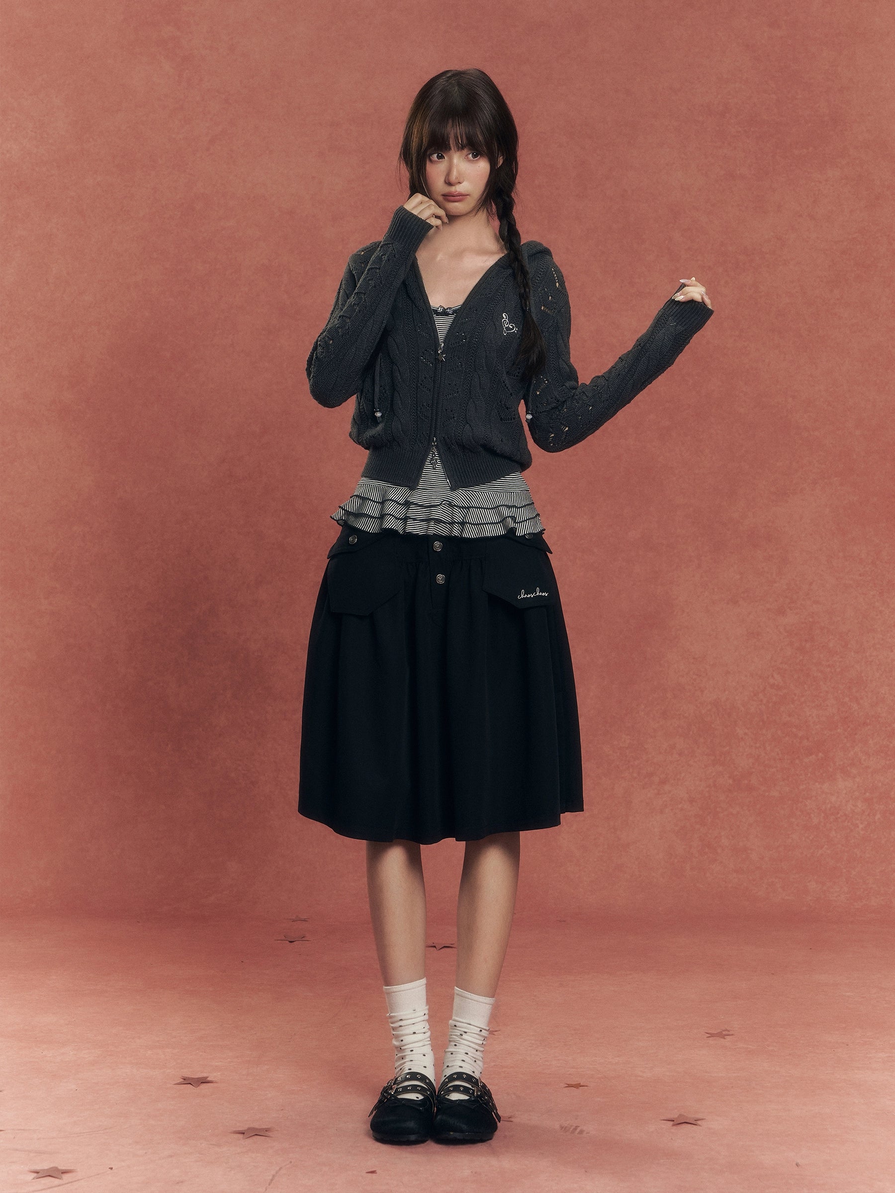 Vintage Washed Denim Utility Midi Skirt