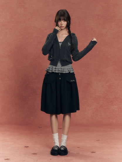 Vintage Washed Denim Utility Midi Skirt