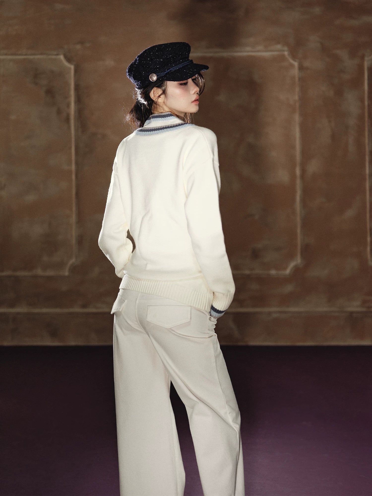 Contrast Double-V Neck Relaxed Knit Sweater