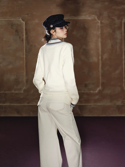 Contrast Double-V Neck Relaxed Knit Sweater