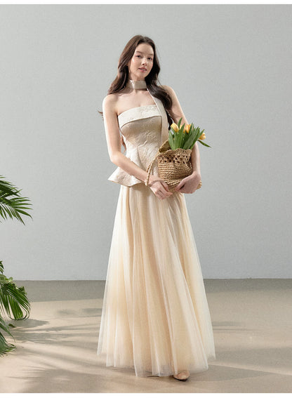 Floral Jacquard Corset Top &amp; Sheer Mesh Skirt Set