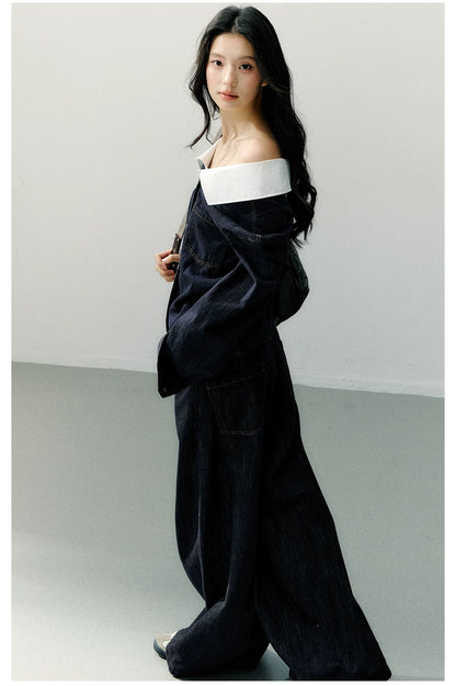 Off-Shoulder Denim Long Sleeve Shirt