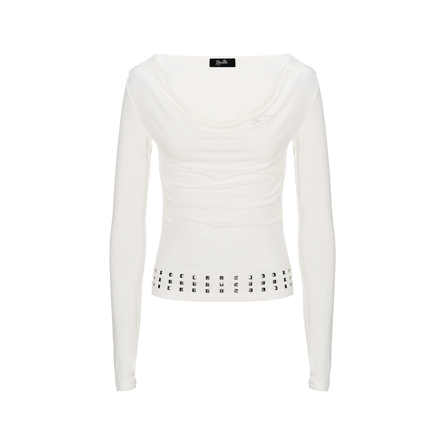 Long-Sleeve Studded Rhinestone Fitted T-Shirt