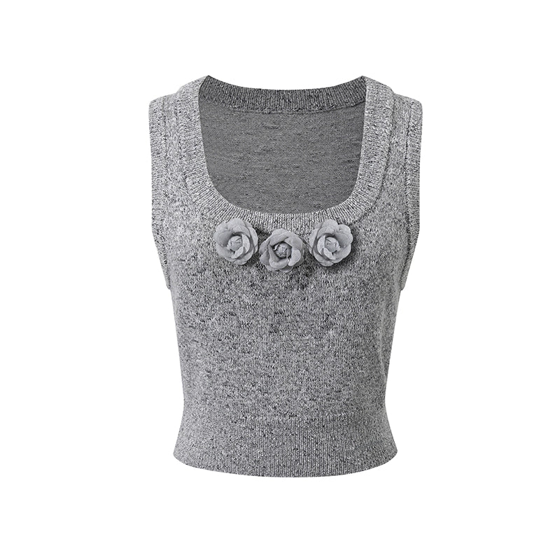 Pink &amp; Gray Floral U-neck Vest Knitted Sweater