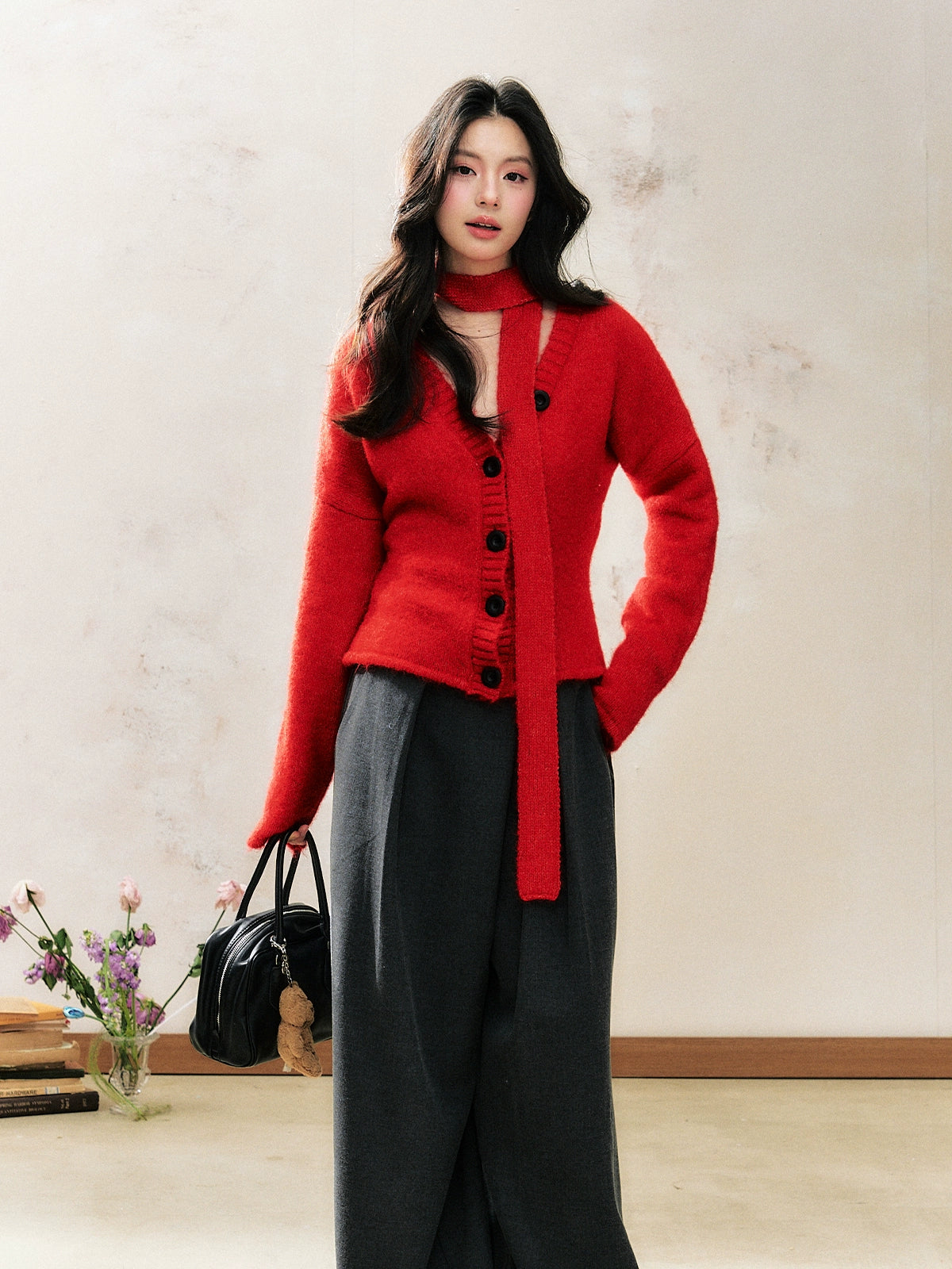 Red Knitted Cardigan Fashion Sweater 