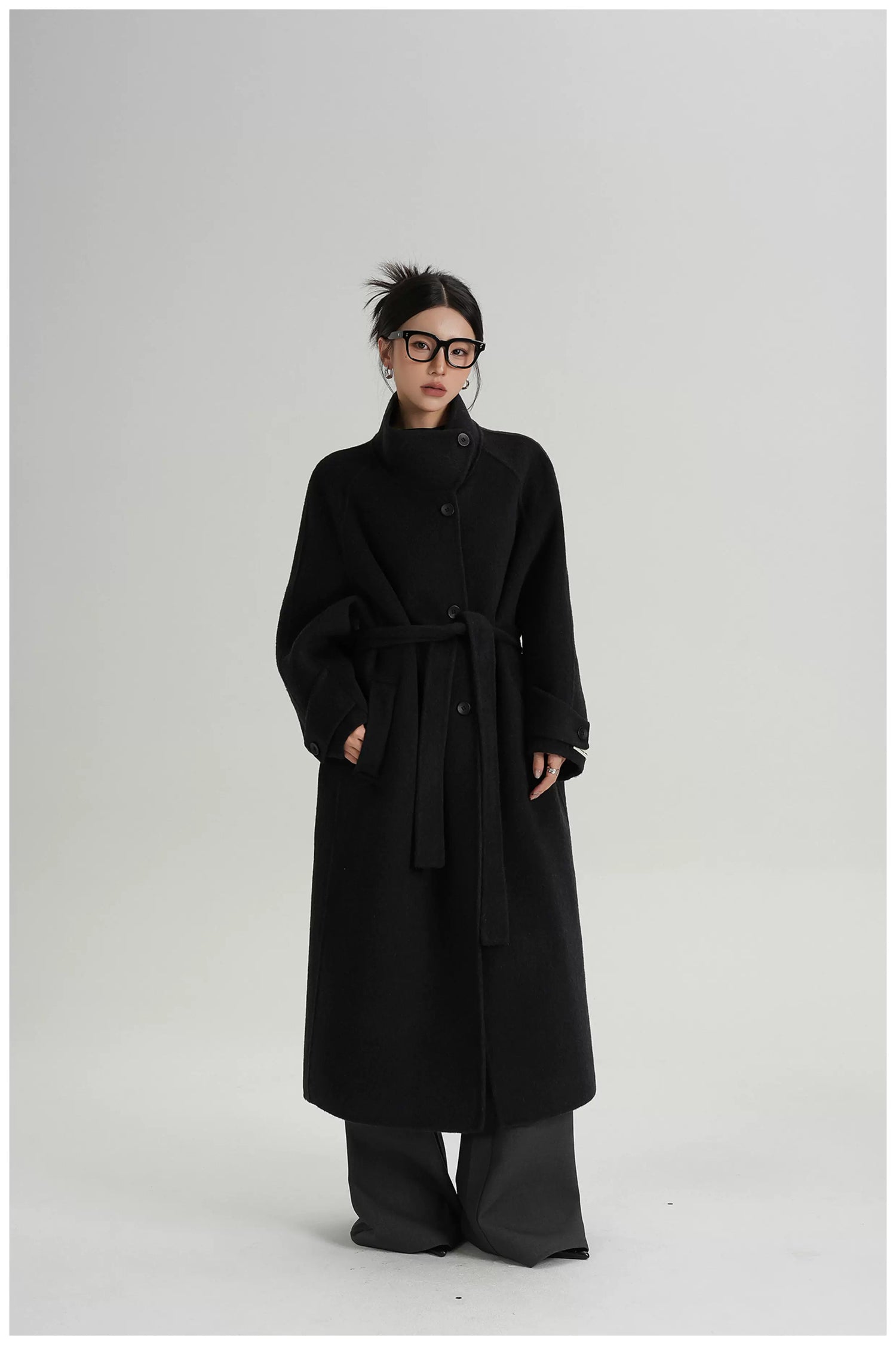 Asymmetric Stand-Collar Double-Faced Wool Coat