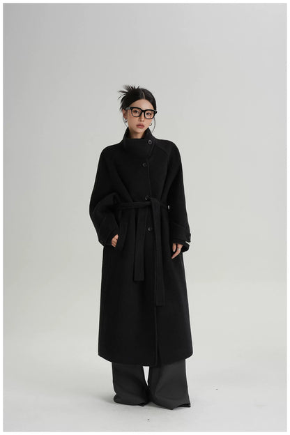 Asymmetric Stand-Collar Double-Faced Wool Coat