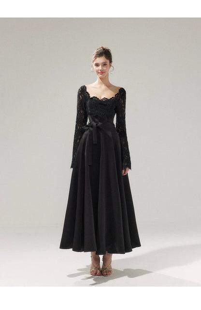 Lace Cinched-Waist Full-Skirt Evening Dress