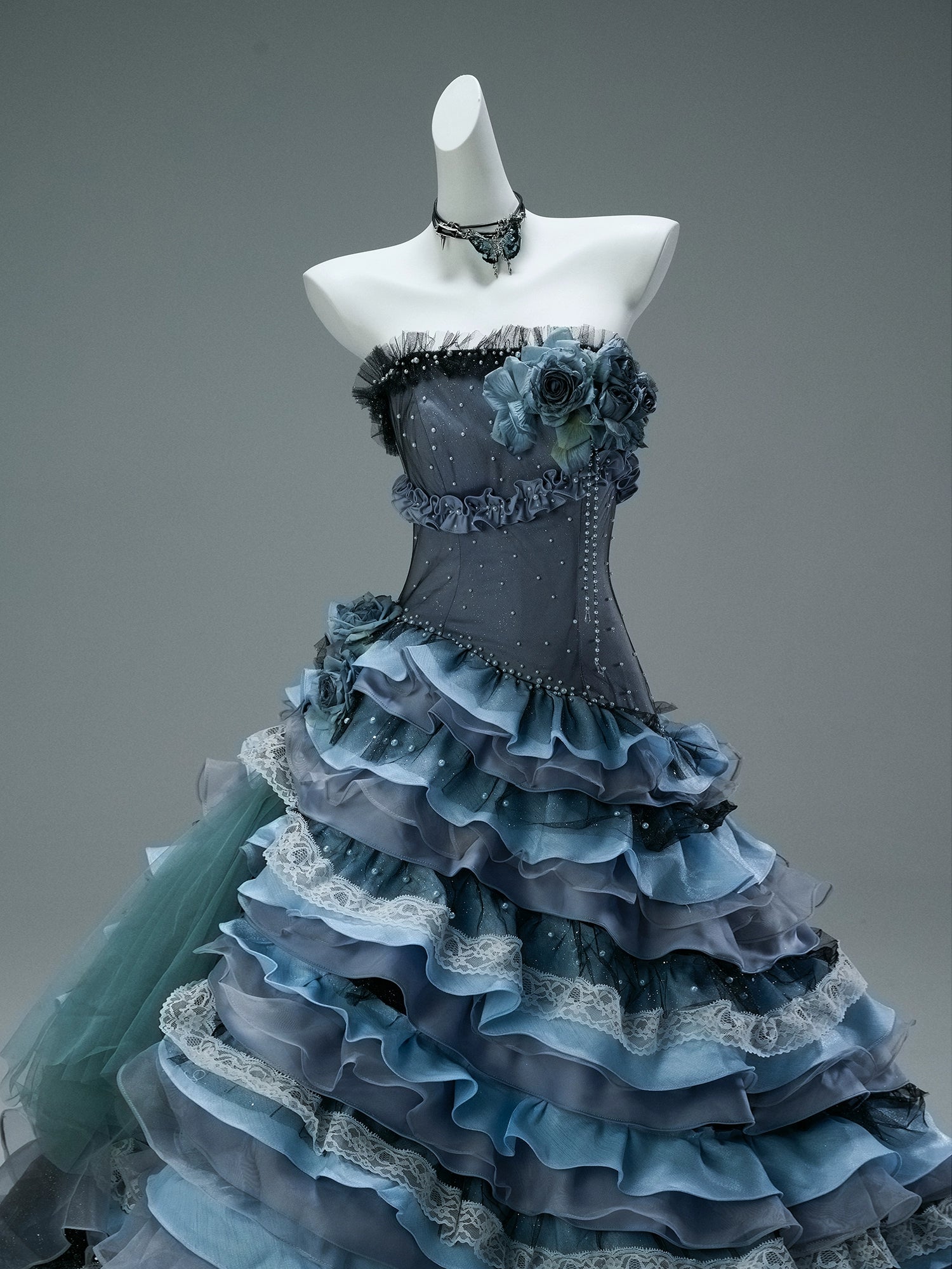 Nightscape Ruffled Tulle Gown with Floral Embellishments