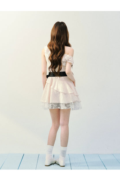 Asymmetric Lace Tiered Ruffle Dress