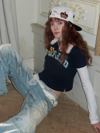 Layered Polo Long Sleeve Top with Faux Fur Collar