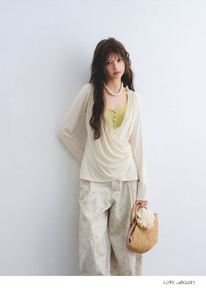 Tencel Lace Contrast Layered Cross-Drape Blouse