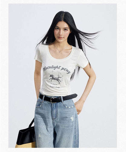 Ice-Silk Lyocell Pony Graphic Fitted T-Shirt