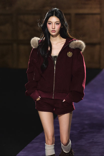 Wool-Blend Faux Fur Trimmed Fleece Hoodie