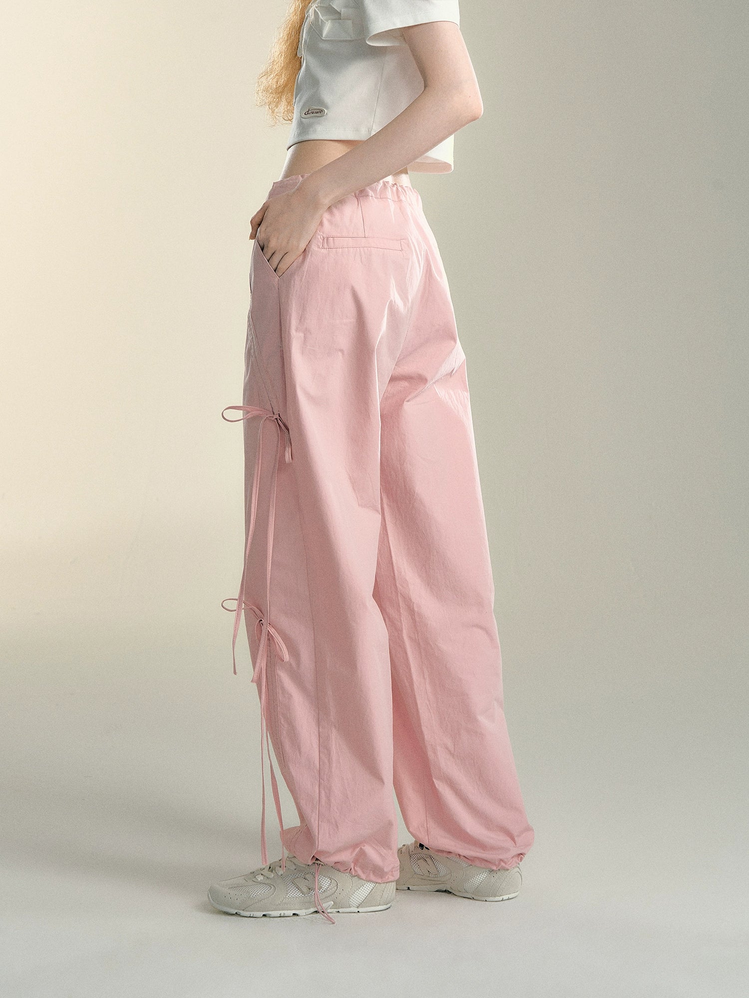 Pink &amp; Grey Bow Tie Drawstring Cargo Pants - CHINASQUAD