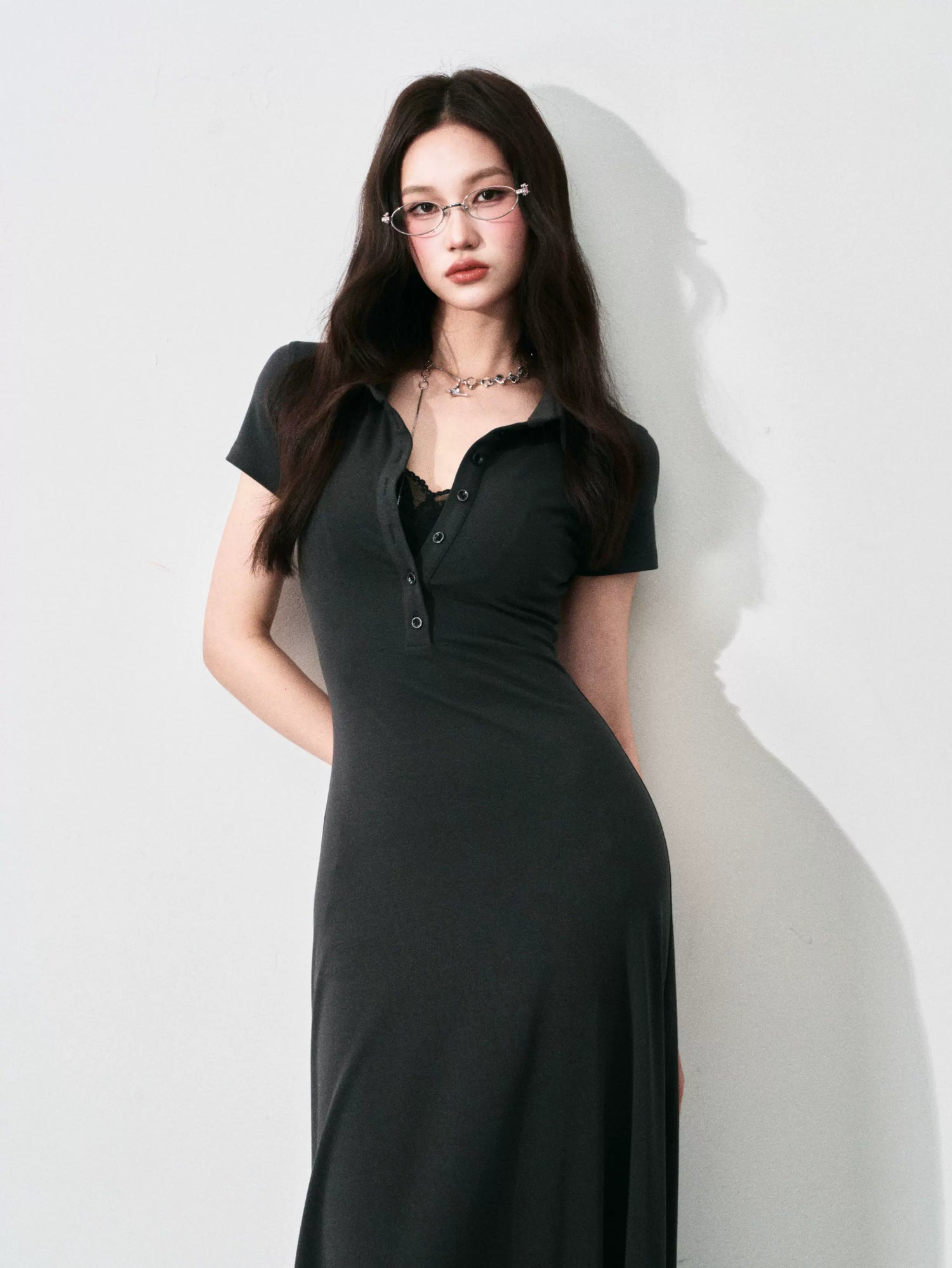 Half-Placket Polo Collar Knit Maxi Dress