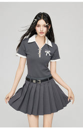 Black & Gray Contrast Polo Collar Mini Dress - CHINASQUAD