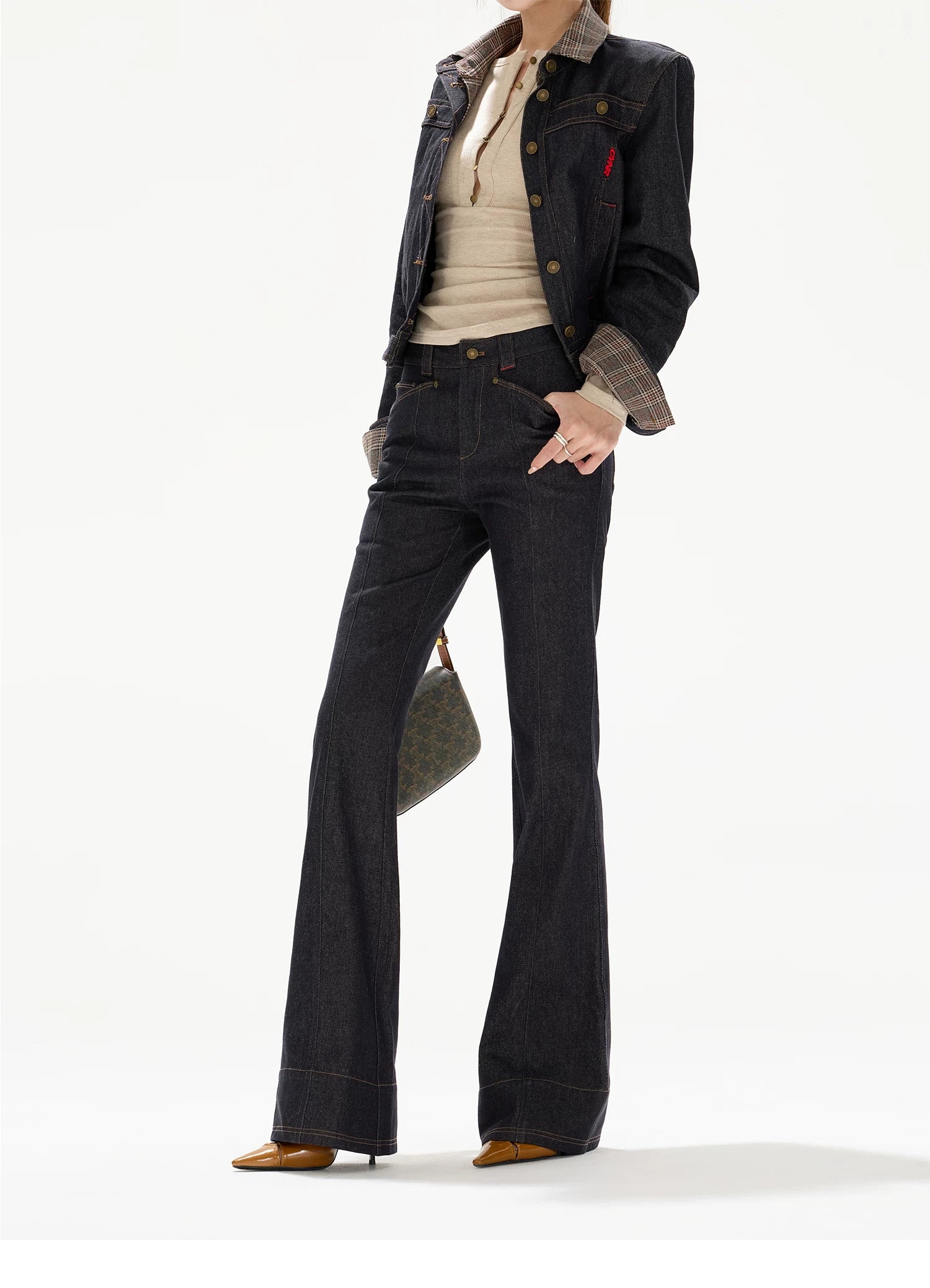 Plaid Mid-Rise Flared Wide-Leg Jeans