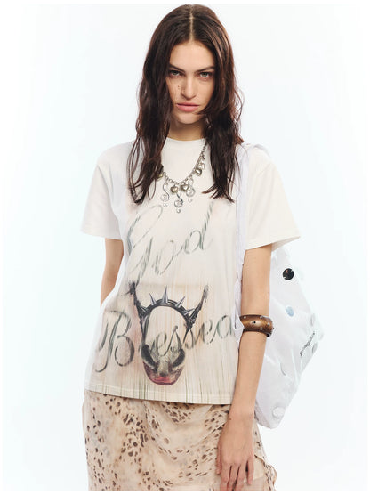 Vintage Washed Gradient Punk Graphic Crew Neck T-Shirt