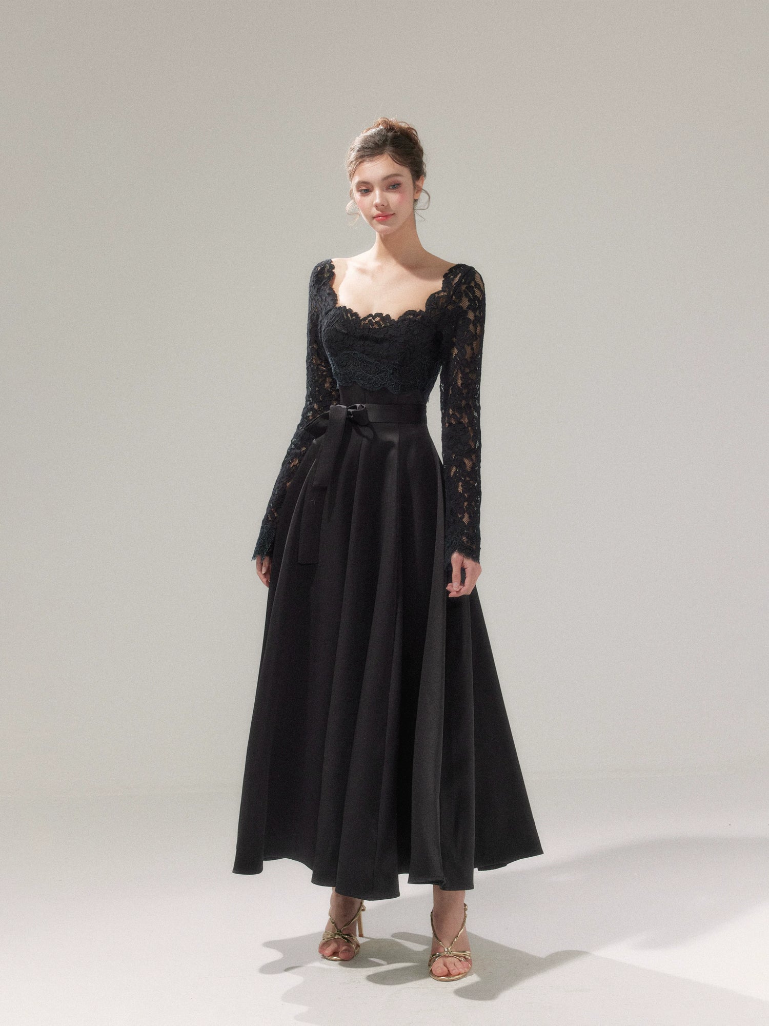 Lace Cinched-Waist Full-Skirt Evening Dress