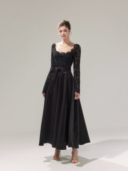 Lace Cinched-Waist Full-Skirt Evening Dress