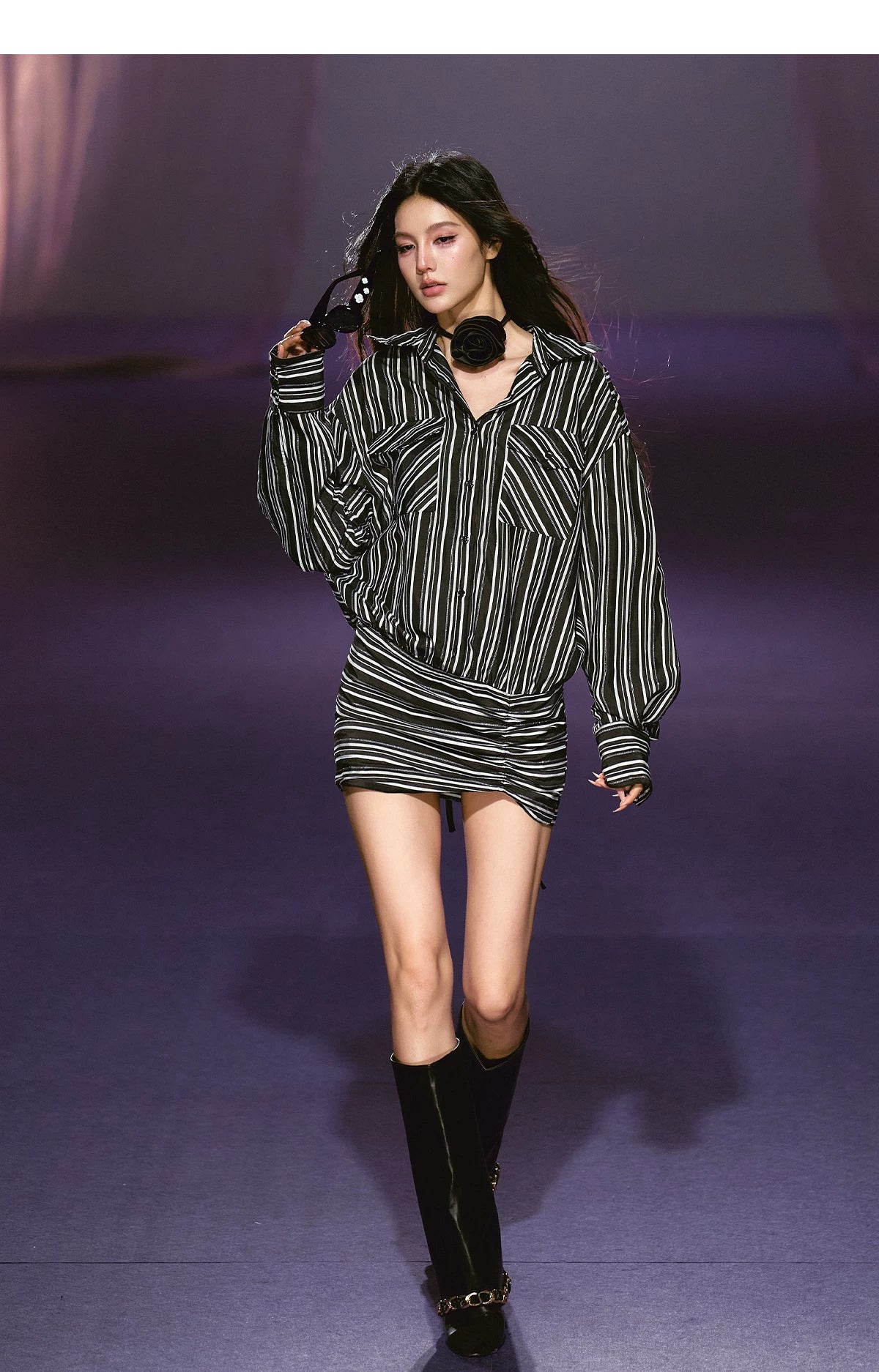 Striped Relaxed Shirt Dress with Satin Flower Brooch