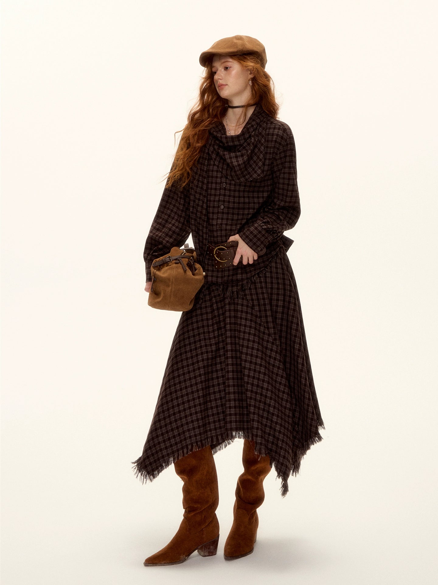 Frayed Hem Plaid Studded Belt Asymmetric A-Line Midi Skirt