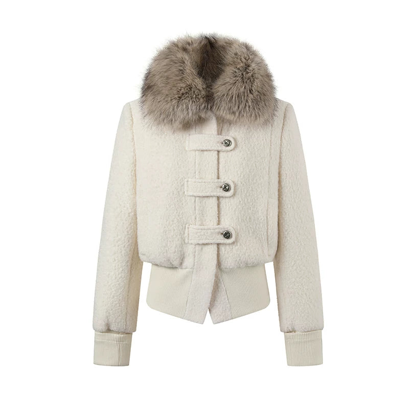 Wool-Blend Fur-Collar Short Down Jacket