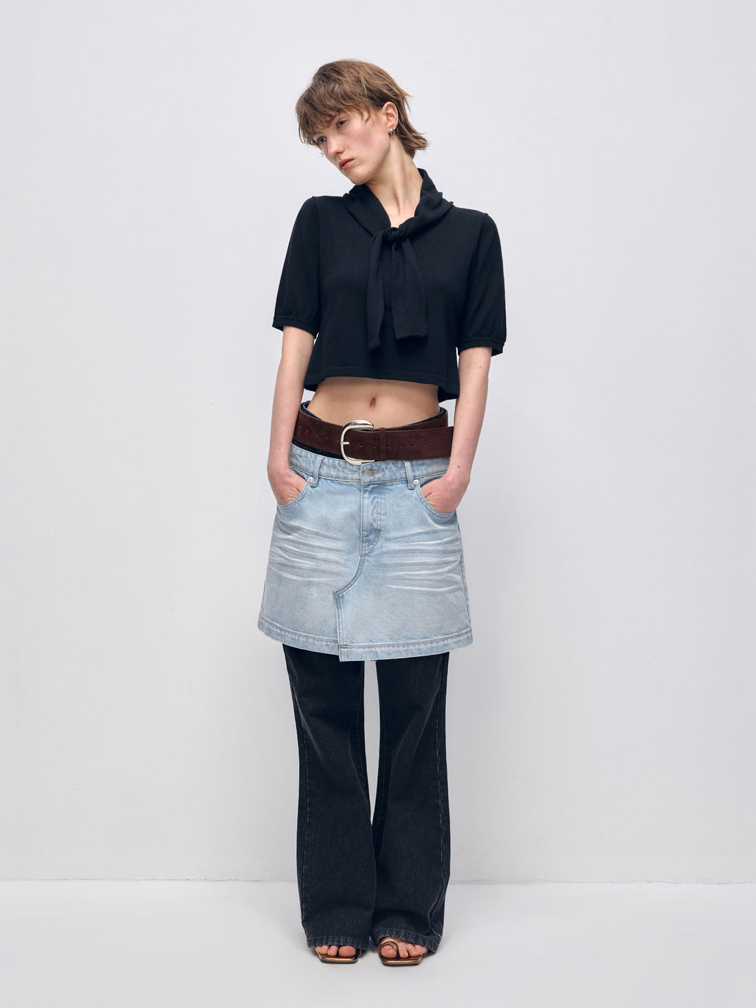 Color Block PatchworkFake Two-Piece Denim Flared Skirt Pants