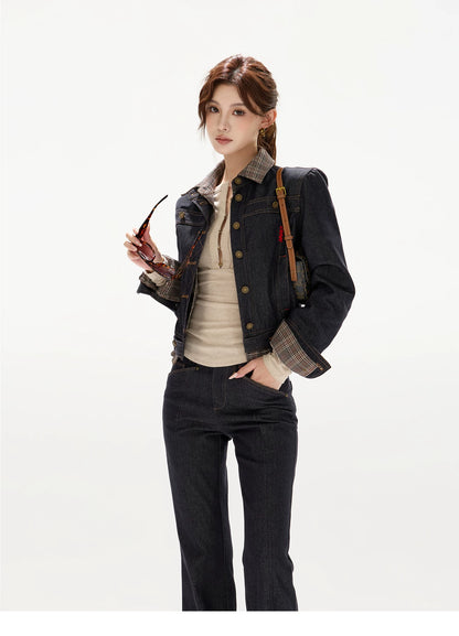 Plaid Mid-Rise Flared Wide-Leg Jeans