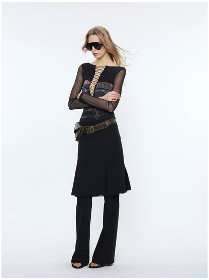 Original Print Mesh Patchwork Tie-Up Base Layer Top