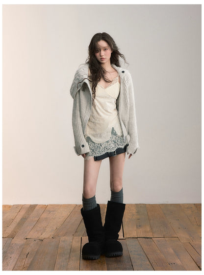 Oversized Lapel Asymmetrical Zip Knit Cardigan