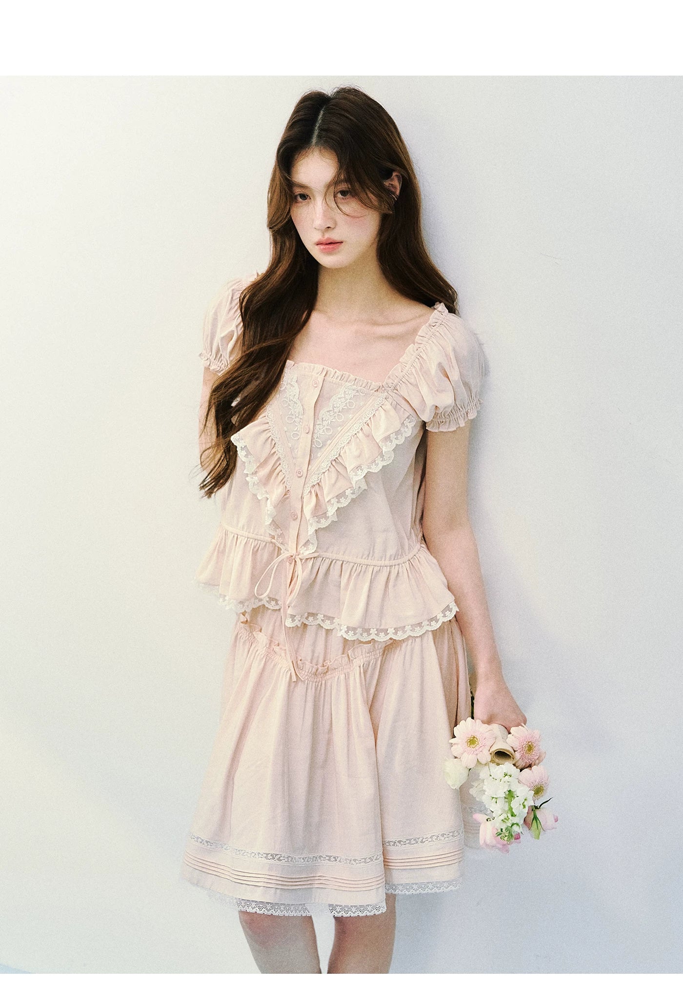 Romantic Ruffle Lace Blouse &amp; Skirt Set