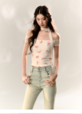 Red Polka Dot & Pink Butterfly Mesh One-shoulder T-shirt - CHINASQUAD