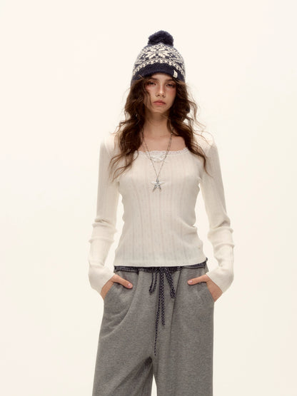 Bow Cutout Knit U-Neck T-Shirt