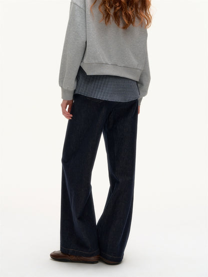 Plaid Patchwork Faux Two-Piece Straight-Leg Jeans