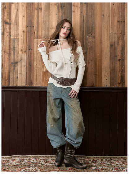 Off-Shoulder Halter Neck Cable Knit Sweater