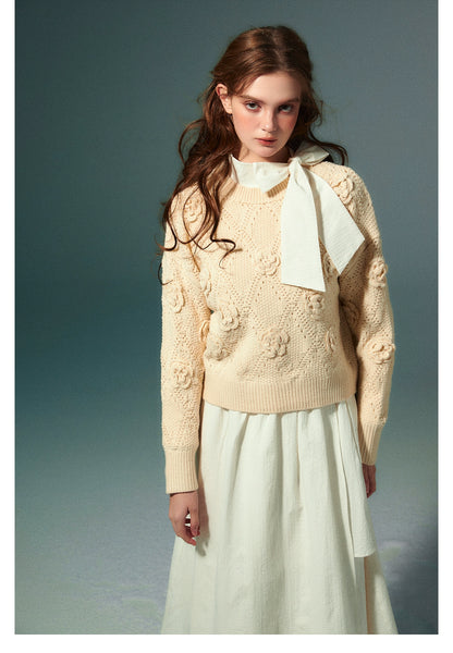 Beige Vintage Knitted Hollow-out Sweater - CHINASQUAD