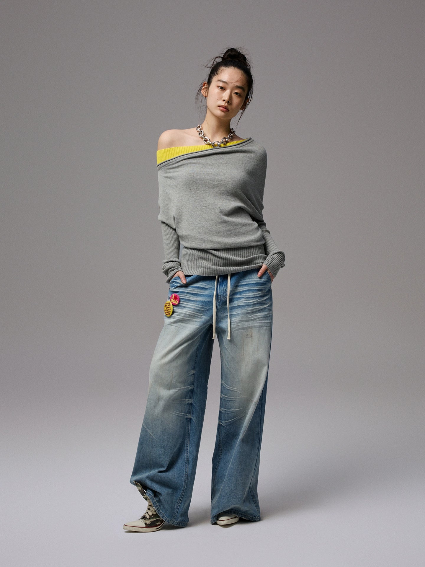 Asymmetric Contrast Knit Dress