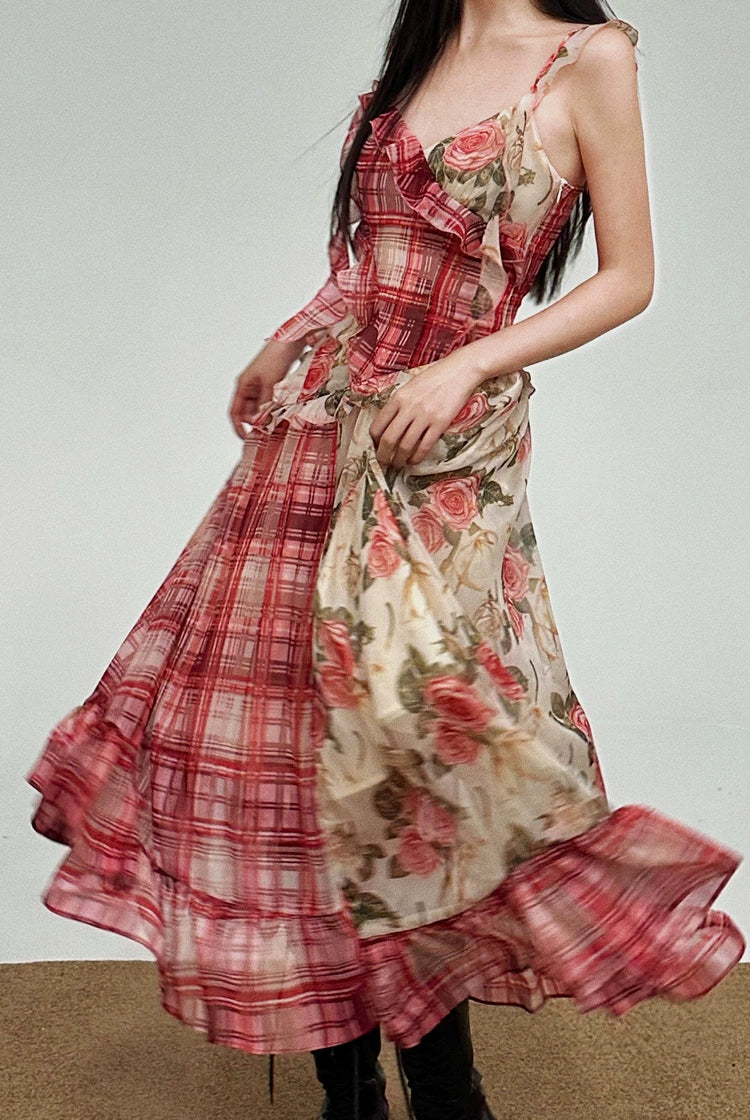 Red Plaid Rose Floral Dress