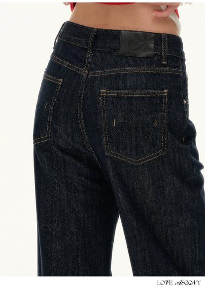 Contrast Cuff Polka Dot Denim Straight-Leg Jeans