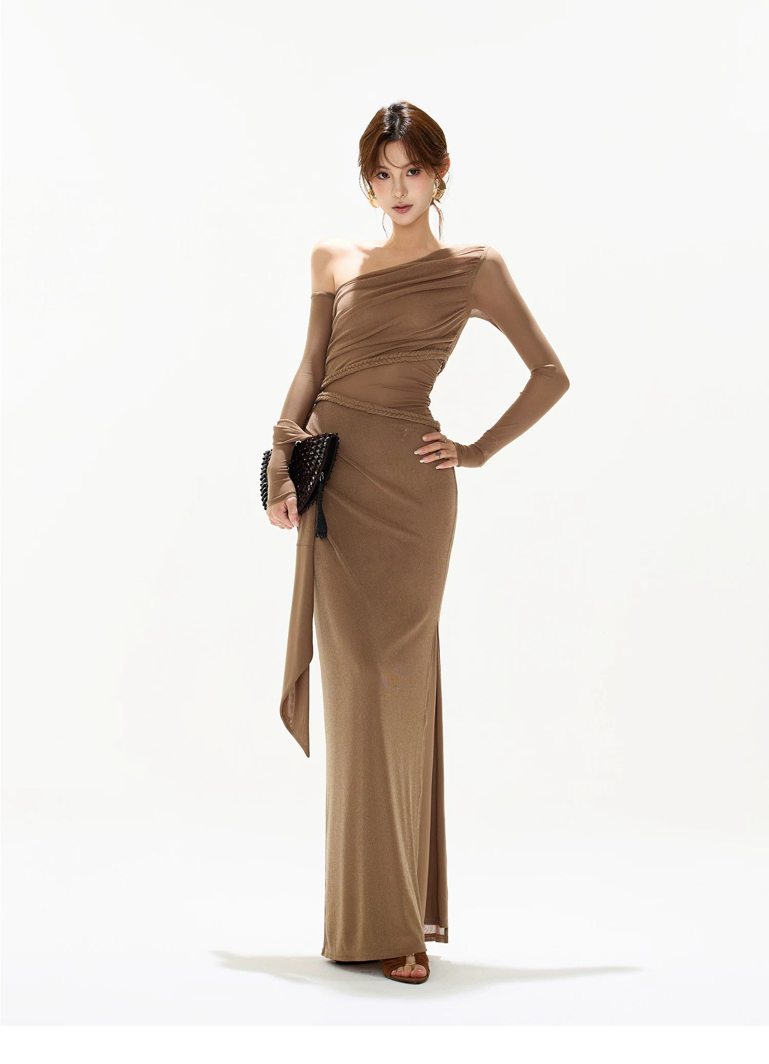 One-Shoulder Mesh Cut-Out Maxi Dress