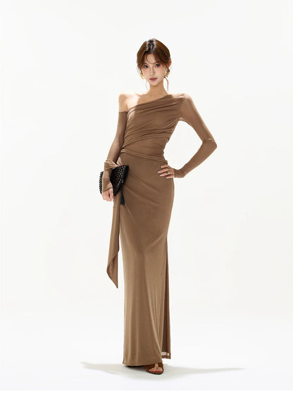 One-Shoulder Mesh Cut-Out Maxi Dress