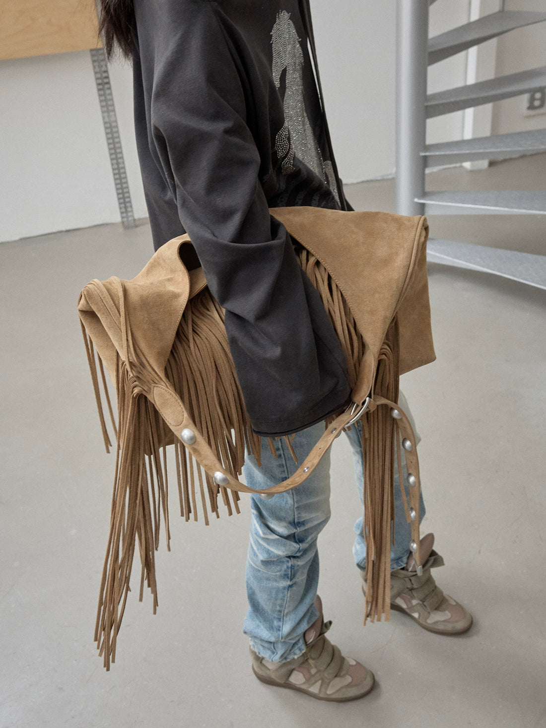 Suede Tassel Studded Shoulder Bag