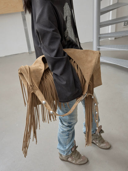 Suede Tassel Studded Shoulder Bag