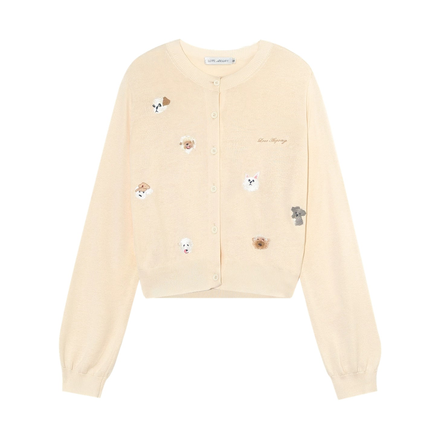 Dog Embroidery Crew Neck Knit Cardigan